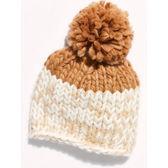 FREE PEOPLE Cozy Up Color Block Pom Beanie Oat Camel Chunky Knit Warm Fuzzy Boho